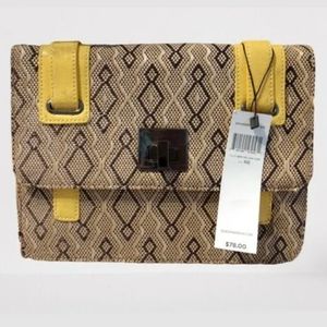 NWT BCBG Raffia Clutch Yellow Leather Purse Handbag Straw Brown